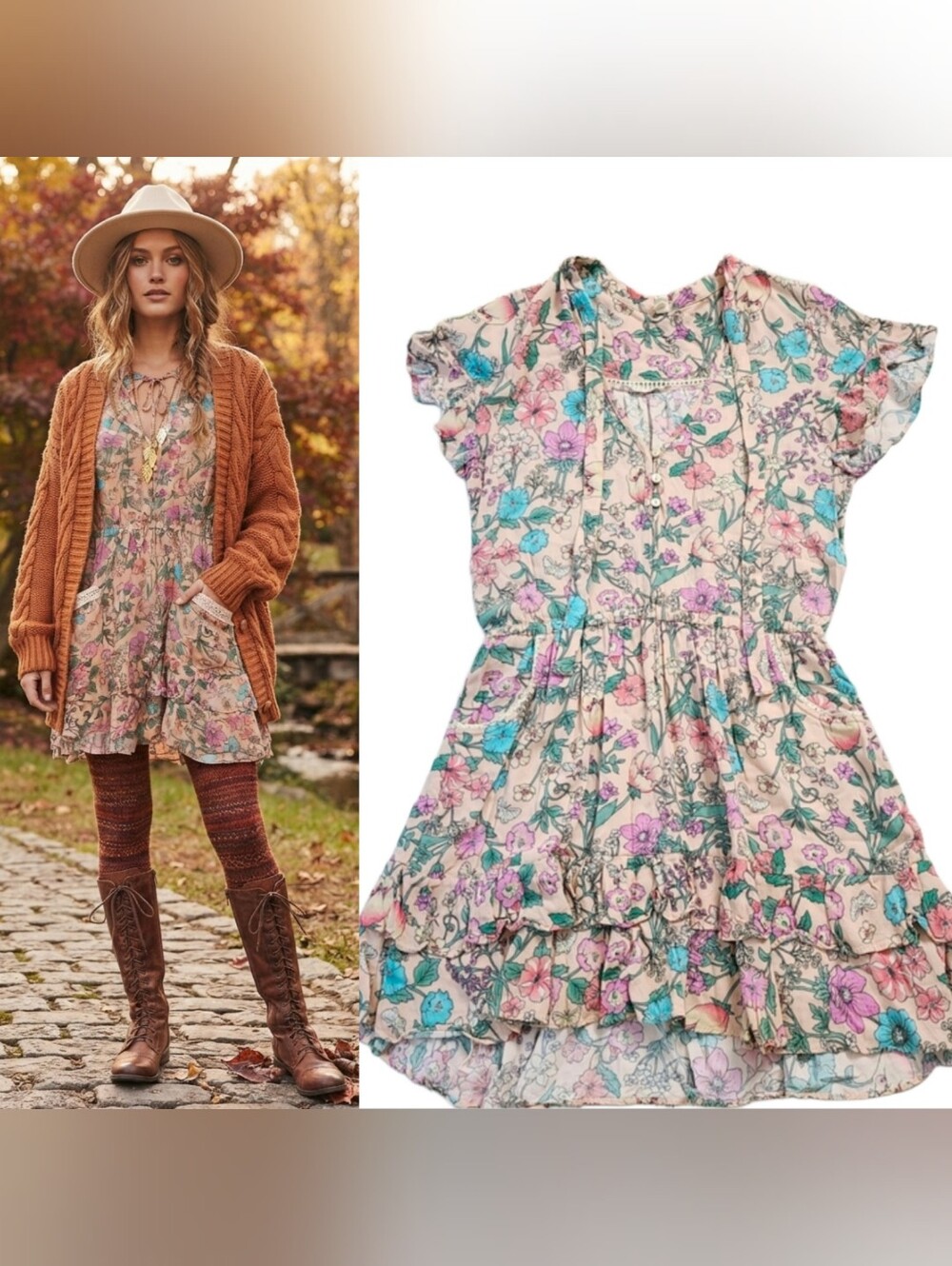 SPELL & The Gypsy Collective Pink Floral Mini Dress Small Boho V-Neck Ruffle